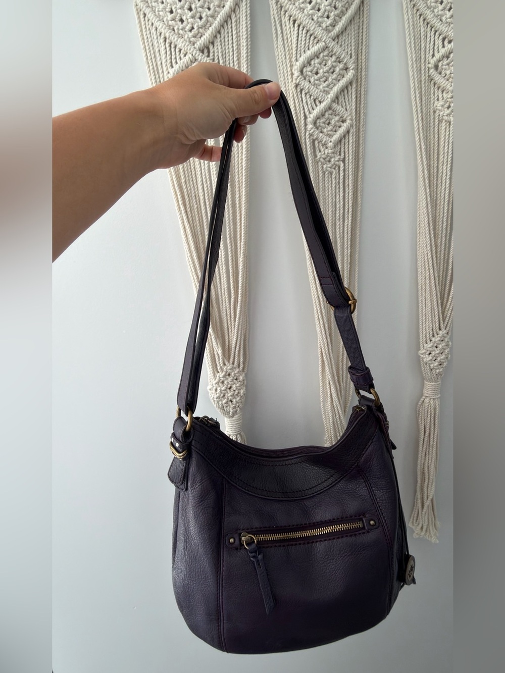The Sak Deep Plum Leather Shoulder Bag with Brass Accents